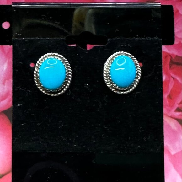 Sterling Silver & Turquoise Colored Cabochon Post Earrings - Picture 8 of 12